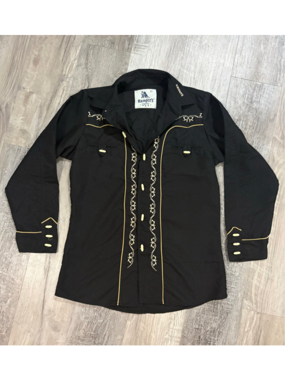 Ranger's Original Youth Western Shirt Size 12 Black Gold Horseshoe Embroidered